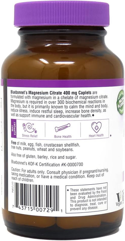 Bluebonnet Nutrition Magnesium Citrate (400mg of Magnesium)- Maximum Absorption - Supports Immune Health & Energy Production - Soyfree, Gluten-Free, Non-GMO, Kosher, Dairy Free, Vegan, 60 Caplets