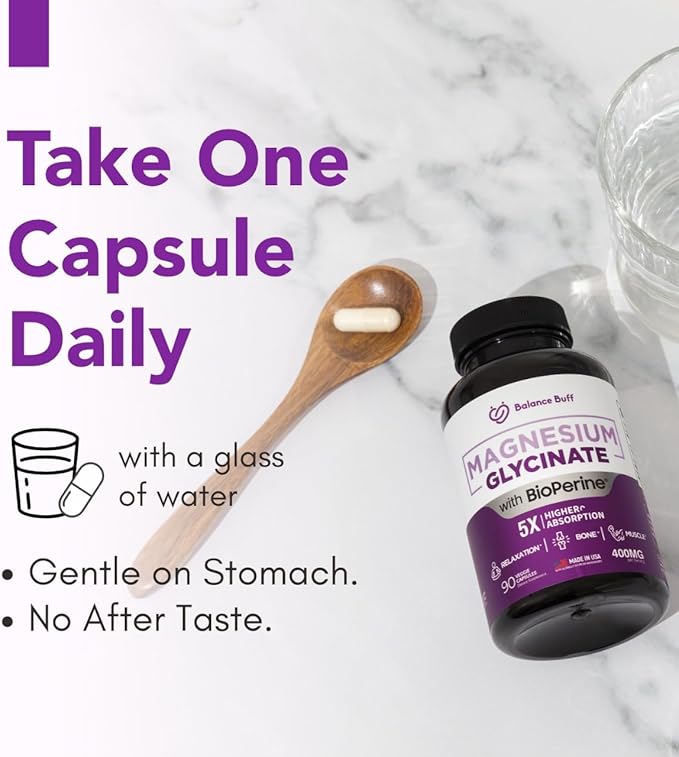 Magnesium Glycinate 400mg with Bioperine - 5X Higher Absorption - Support Stress Relief, Sleep, Bone Health - 100% Chelated - Pure Magnesium Supplement - 90 Veggie Capsules