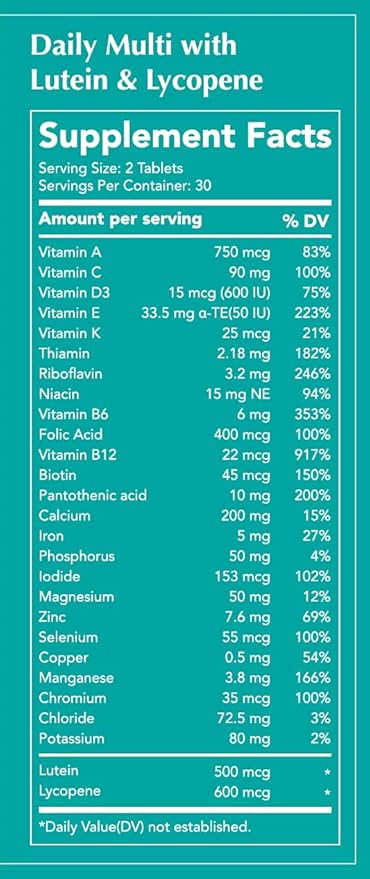 DAIKEN 27 Full Spectrum Mini Multivitamin with Lutein, Lycopene & Folic Acid, Time Released Multivitamin for Women & Men, Vegan & Easy to Swallow, 60 Mini Vitamins Tablets