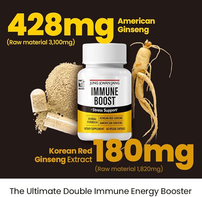 JungKwanJang Immune Boost, Adaptogen Supplement with American Ginseng and Korean Red Ginseng Duo for Immunity, Energy, Fights Fatigue, All-Natural, Stress Support for Men and Women