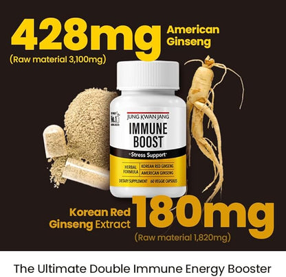 JungKwanJang Immune Boost, Adaptogen Supplement with American Ginseng and Korean Red Ginseng Duo for Immunity, Energy, Fights Fatigue, All-Natural, Stress Support for Men and Women