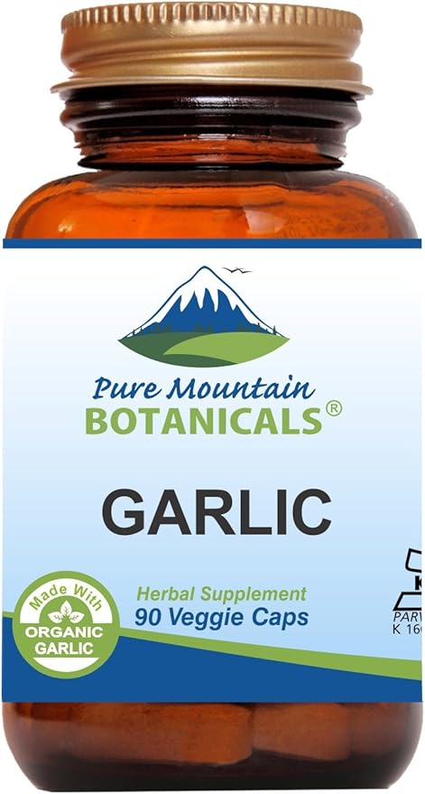 Pure Mountain Botanicals Garlic Pills Kosher Vegan Capsules with 500mg Organic Garlic Allium Sativum Supplement