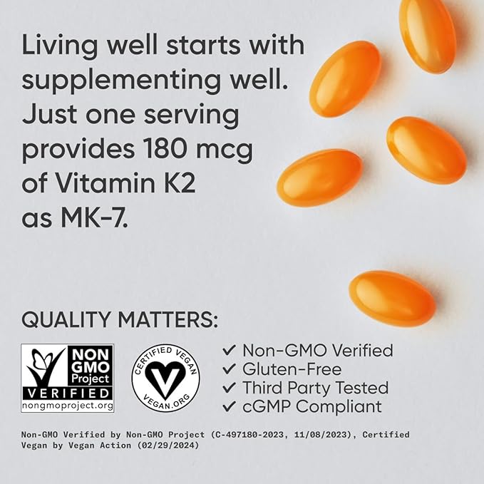 Sports Research Vitamin K2 MK7 180mcg with Coconut Oil - 60 Veggie Softgels - Vegan Certified, Non-GMO Verified & Gluten-Free