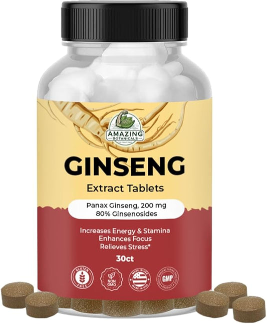 Panax Ginseng Extract Tablets - 200mg Highly Potent 80% Ginsenosides for Energy & Relaxation - Natural Herbal Supplement for Cognitive Booster - 30 Tablets