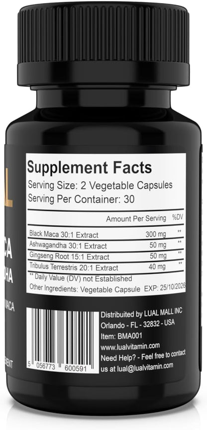LUAL 30,000mg 30x Strength Organic Black Maca Root with Ashwagandha - Highest Potency Black Maca Root Capsules for Men - 100% Pure Maca Peruana Powder Organic, Gelatinized, Non-GMO - 60 Pills