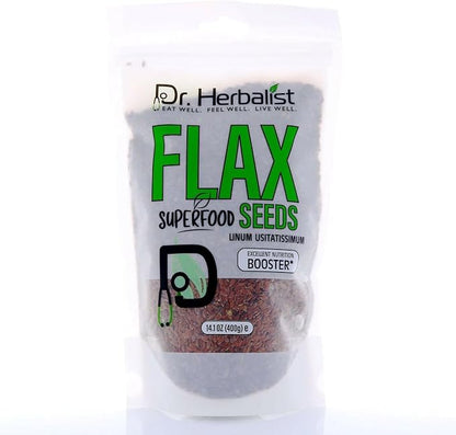 Dr. HERBALIST Flax Seeds 400g,Linum Usitatissimum,Alsi Seeds,Super Food, Essential Omega Fatty Acids, High in Plant-Based Protein, and Fiber, for Smoothies, Baking, for Easy Digestion and Absorption