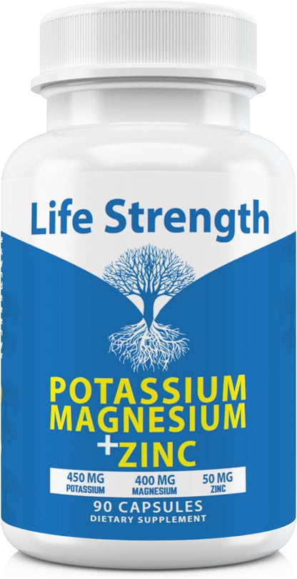 Life Strength Magnesium Potassium Supplements + Zinc 90 Capsules for Vascular Health – High Absorption Vegan, Natural ingredients Supplement for Leg Cramps and Sleep