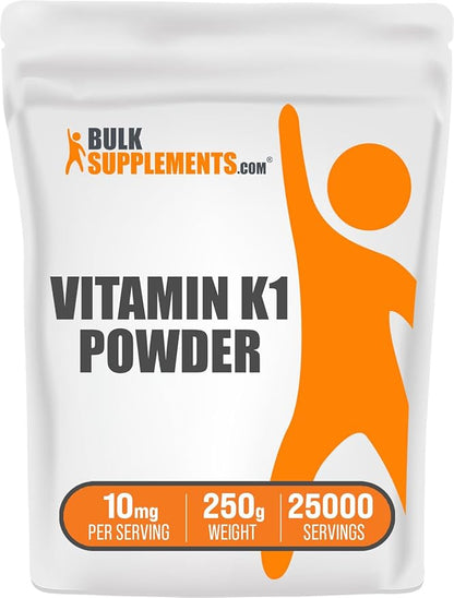 BulkSupplements.com Vitamin K1 Powder - 1%, Vitamin K Supplement, Vitamin K-1 100mcg - Gluten Free, 10mg per Serving, 250g (8.8 oz) (Pack of 1)