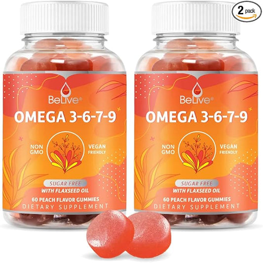 BeLive Organic Omega 3 Gummies - Omega 3 6 9 7 DHA & EPA from Flaxseed Oil & Sea Buckthorn Fruit Oil, Vegan, for Kids & Adults, Full Body, Brain & Eye Support, Sugar Free – Peach | 2-Pack