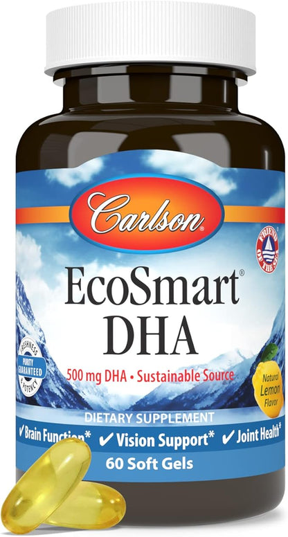 Carlson - EcoSmart DHA 500, Sustainable Source, Supports Healthy Vision & Brain Function, Lemon, 60 soft gels