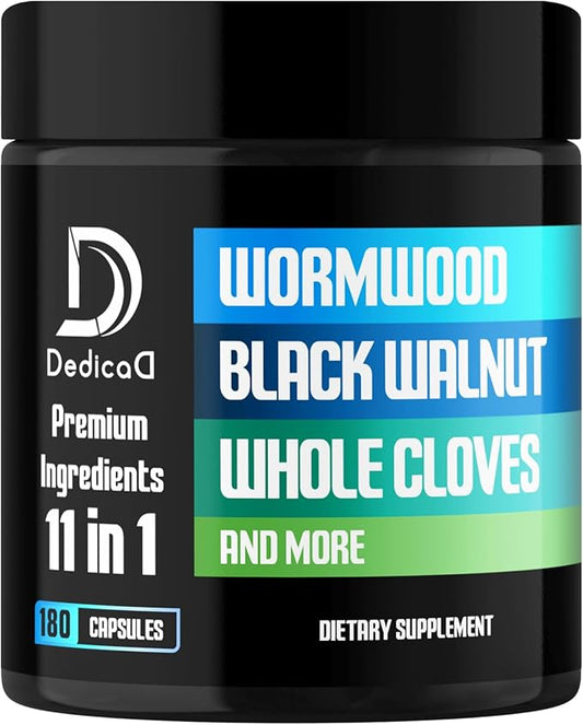 11in1 Wormwood Capsules - 180 Capsules Extracted from Black Walnut, Cloves, Ginger, Turmeric, Apple, Berberine HCl & More - Support Comfortable Digestive, Immune System for 3 Months