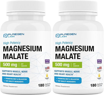 Puregen Labs Magnesium Malate 500mg | High Potency Elemental Magnesium | Total 360 Veggie Caps, Superior Absorption, Non-GMO, NO Gluten and Dairy, Supports Muscle, Joint, and Heart Health