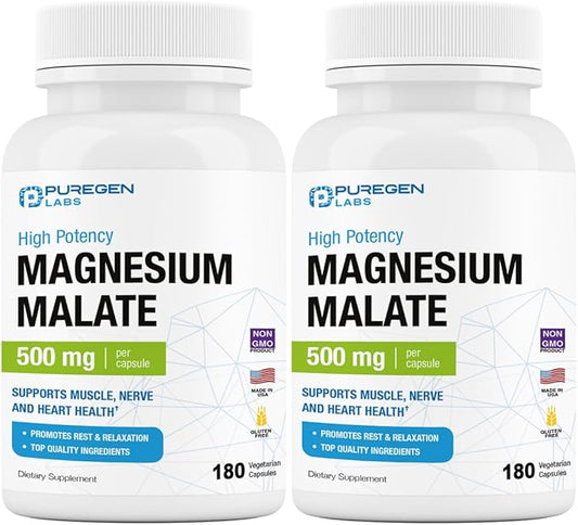 Puregen Labs Magnesium Malate 500mg | High Potency Elemental Magnesium | Total 360 Veggie Caps, Superior Absorption, Non-GMO, NO Gluten and Dairy, Supports Muscle, Joint, and Heart Health