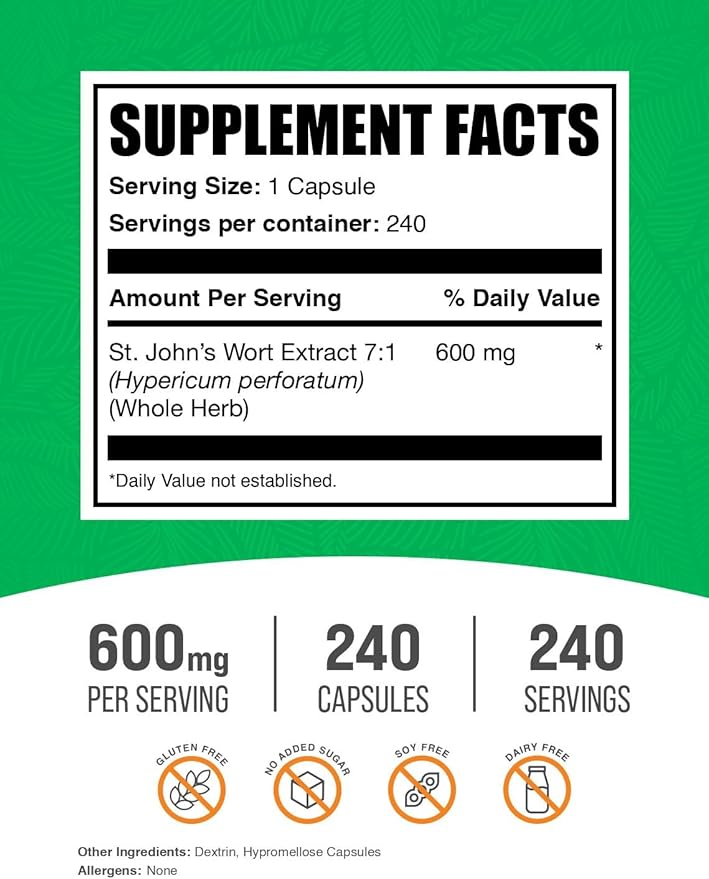 BulkSupplements.com St. Johns Wort Capsules - Hypericum Perforatum, St. John's Wort Herbal Supplements - Vegan, 1 Capsule per Serving, 240 Veg Capsules (Pack of 1)