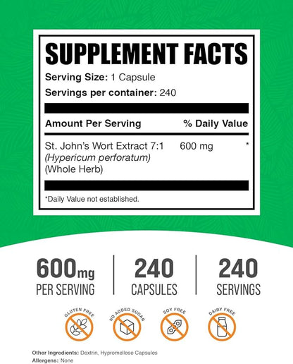 BulkSupplements.com St. Johns Wort Capsules - Hypericum Perforatum, St. John's Wort Herbal Supplements - Vegan, 1 Capsule per Serving, 240 Veg Capsules (Pack of 1)