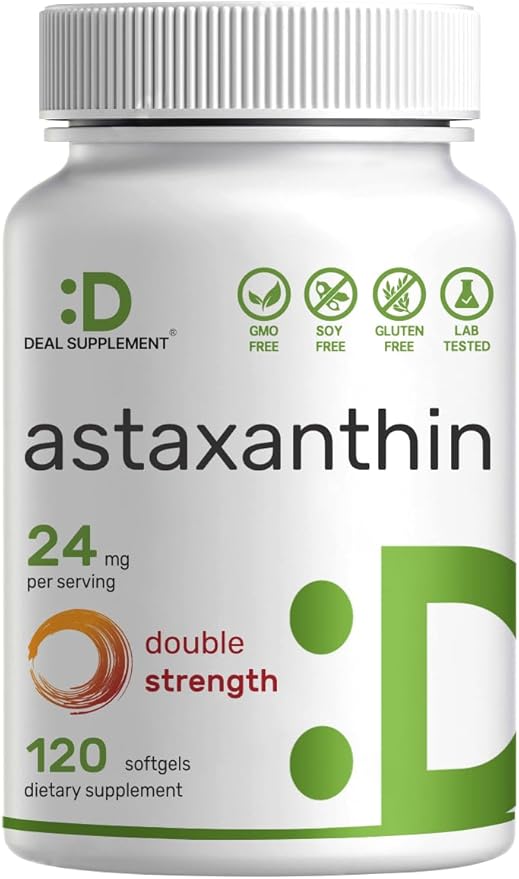 Astaxanthin 24mg Per Serving, 120 Softgels – Double Strength Microalgae – Natural Haematococcus Pluvialis Source – Antioxidant Supplements for Skin, Eyes, Joints, & Immune Support – Non-GMO