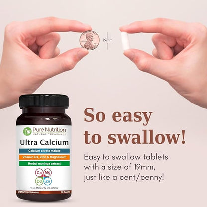 Pure Nutrition Ultra Calcium 1000mg with VIT D3 + K2 | 270 Tabs (90 X Pack of 3) | Highly absorbable Calcium Supplement with Calcium Citrate Malate, VIT D3, K2, Moringa Oleifera, Magnesium and Zinc.