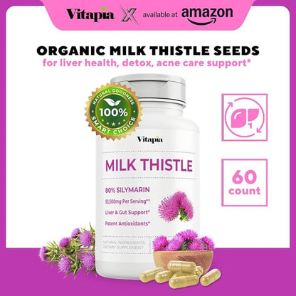 Organic Milk Thistle Supplement 70:1 Extract, 80% Silymarin, Liver Cleanse Detox & Repair, Liver Health Support, Antioxidants - 60 Vegan Capsules, Non-GMO, Gluten-Free