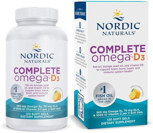 Nordic Naturals Complete Omega-D3, Lemon Flavor - 120 Soft Gels - 565 mg Omega-3 + 70 mg GLA + 1000 IU Vitamin D3 - EPA & DHA - Healthy Skin, Cognition, Positive Mood - Non-GMO - 60 Servings