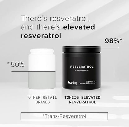 Toniiq Ultra High Purity Resveratrol Capsules - 98% Trans-Resveratrol - Highly Purified and Bioavailable - 60 Caps Reservatrol Supplement
