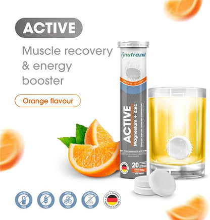 Nutrazul Active Magnesium and Zinc Effervescent Tablets | 60 Tablets | Magnesium Supplements for Muscle Recovery & Electrolyte Balance | Orange Flavor