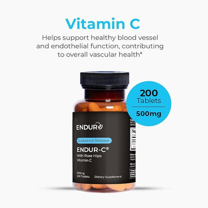 EndurC, Time Release Vitamin C Supplement Tablets for Optimal Absorption, Ascorbic Acid & Vitamin C with Rose HIPS Company, 500mg, 200 Tablets