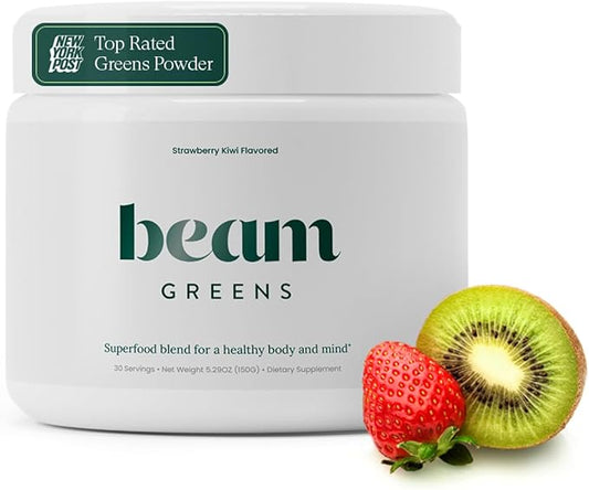 Beam Greens Powder, Superfood Supplement for Gut Health, Vegan Organic Blend with Ashwagandha, Vitamin C, B12, B6, D, Non-GMO Daily Detox & Immune Support, Strawberry Kiwi Flavor - 30 Servings