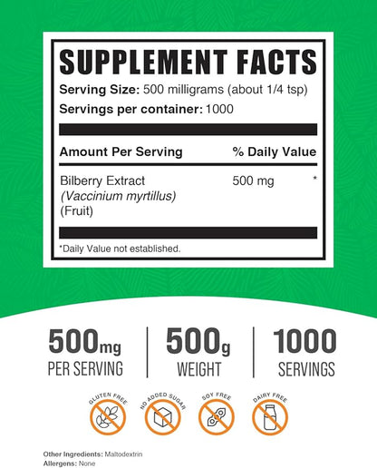 BulkSupplements.com Bilberry Extract Powder - Bilberry Fruit Extract, Bilberry Powder, Bilberry Supplement for Eyes - Glulten Free, 500mg per Serving, 500g (1.1 lbs) (Pack of 1)