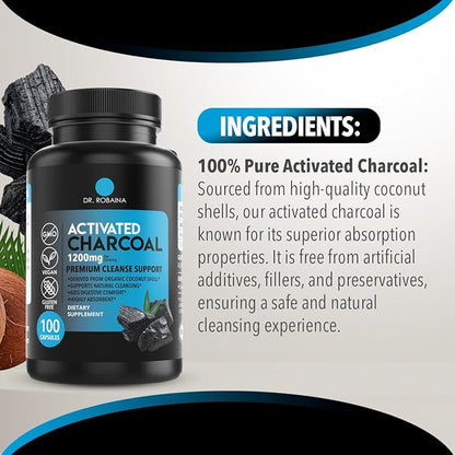 Dr. Robaina Activated Charcoal Capsules - 1200 mg Natural Detox and Digestive Support - 100 Capsules, Made in USA