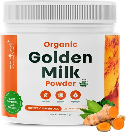 Organic Golden Milk Powder (Leche Dorada organica) with Turmeric, Ginger, Curcumin, Cinnamon, KSM66 Ashwagandha, Tulsi & Natural Prebiotics– Delicious Vegan-Friendly, Unsweetened Turmeric Tea Latte