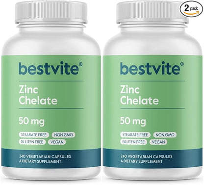 BESTVITE Zinc Chelate 50mg (480 Vegetarian Capsules) (240 x 2) - No Stearates - Vegan - Non GMO - Gluten Free