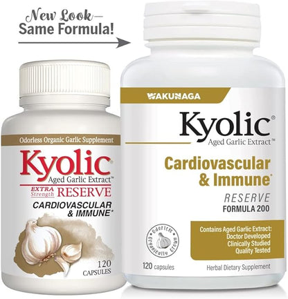 Kyolic Aged Garlic Extract Formula 200, Cardiovascular & Immune, Reserve 120 Capsules (Packaging May Vary)