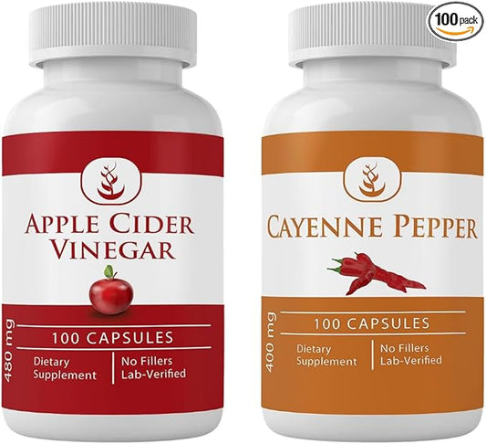 PURE ORIGINAL INGREDIENTS Cayenne Pepper & Apple Cider Vinegar Capsule Bundle (100 Capsules Each) No Additives or Fillers, Lab Verified