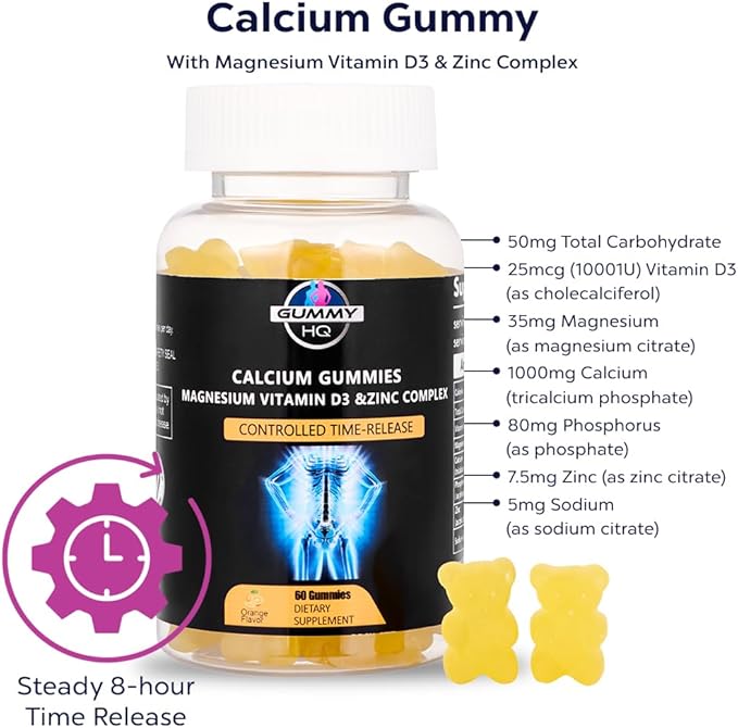 MAXIMIZE HQ Calcium Gummies - Supports Calcium Levels - Vitamin D3, Magnesium, and Zinc - Fruit Juice Extract - Time-Release Formula - Supports Bone Strength - Gluten Free