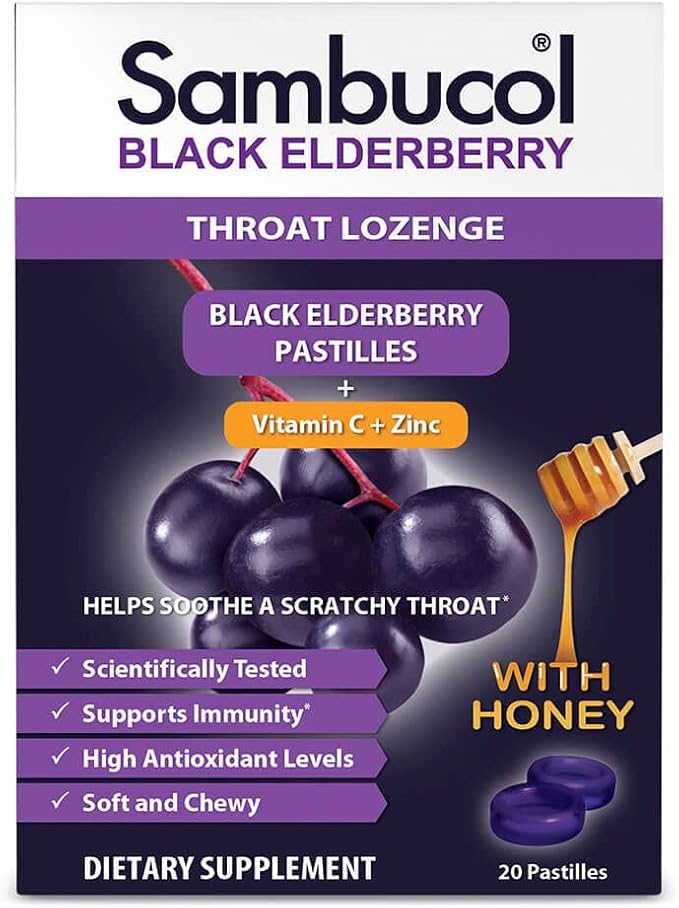 Sambucol Black Elderberry Throat Lozenge - Sambucus Elderberry Lozenges With Vitamin C, Zinc & Honey, Helps Soothe a Scratchy Throat, High Antioxidants, Gluten-Free - 20 Count