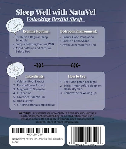 Sleep Patches: Restful Sleep with Valerian Passionflower Melatonin & More. Apply 1hr Before Bed. 30 Patches.