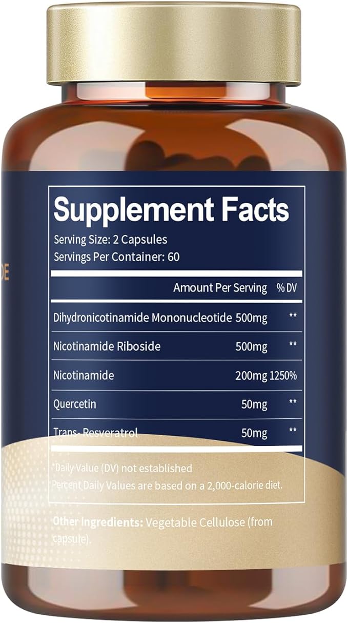 NMNH (Dihydronicotinamide Mononucleotide), Premium NMN Alternative Supplement with Flash-Free Niacinamide (Vitamin B3), Quercetin, and Trans-Resveratrol, 120 Capsules