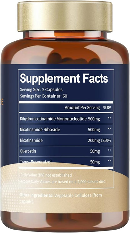 NMNH (Dihydronicotinamide Mononucleotide), Premium NMN Alternative Supplement with Flash-Free Niacinamide (Vitamin B3), Quercetin, and Trans-Resveratrol, 120 Capsules