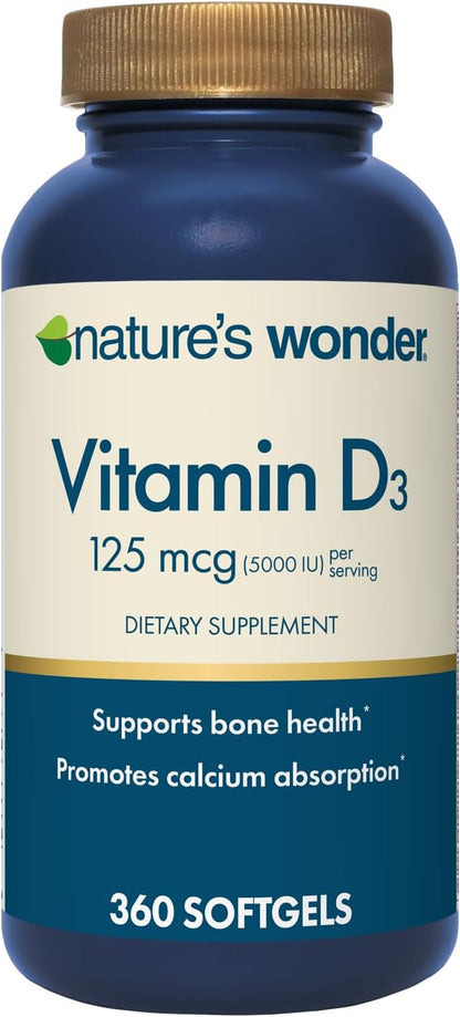 Nature's Wonder Vitamin D3 5000iu (125mcg) High Potency, Dietary Supplement to Support Bone Health and Immune System, Gluten Free, 360 Softgels, 1 Year Supply