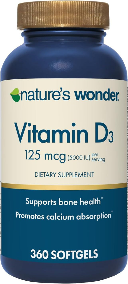 Nature's Wonder Vitamin D3 5000iu (125mcg) High Potency, Dietary Supplement to Support Bone Health and Immune System, Gluten Free, 360 Softgels, 1 Year Supply