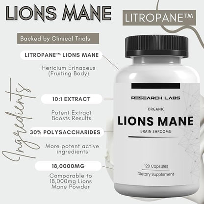 Research Labs Organic Lions Mane Supplement Capsules, 2 Fer 1 Ad - 240 Capsules w/Patent Litropane™ Immune System Booster Nootropic Brain Support Mushroom Supplement. 10X Extract comparable 18000mg