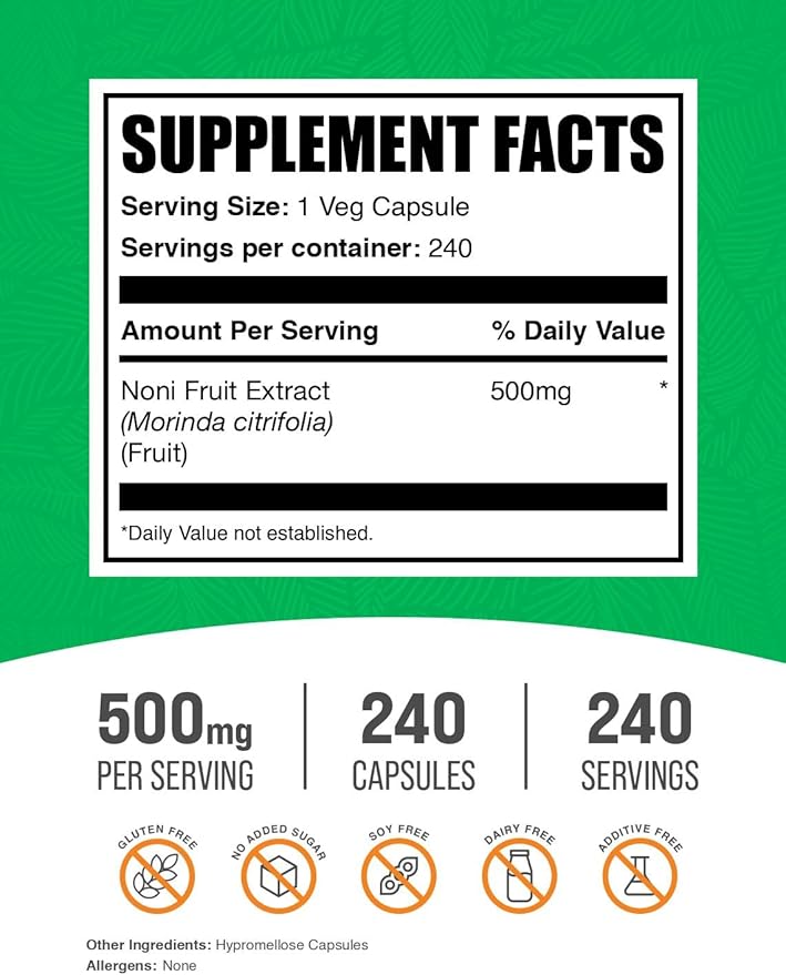 BulkSupplements.com Noni Extract Capsules - Noni Fruit 500mg, Superfood Supplement, Noni Fruit Supplement - Gluten Free, 1 Capsule per Serving, 240 Veg Capsules (Pack of 1)