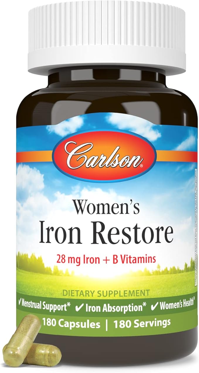 Carlson - Women's Iron Restore, 28 mg Iron + B Vitamins, Menstrual Support, Iron Absorption & Women's Health, 180 Capsules