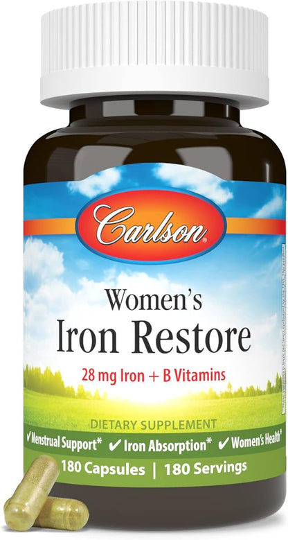 Carlson - Women's Iron Restore, 28 mg Iron + B Vitamins, Menstrual Support, Iron Absorption & Women's Health, 180 Capsules