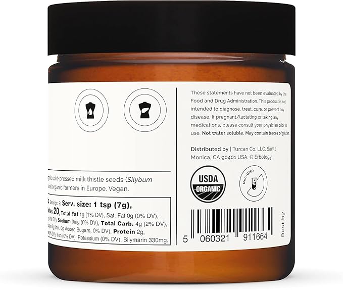Erbology Organic Milk Thistle Powder 2.1 oz - 20 Servings - 180mg Silymarin per Serving - Liver Health - Cold-Pressed from 100% Milk Thistle Seeds - Sustainably Sourced in Europe - Vegan - GMO-Free