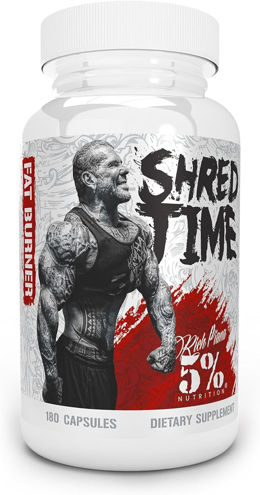 5% Nutrition Shred Time Fat Burner | Green Tea, Coffee Bean, Cayenne, Theobromine, GBB | Appetite Suppression | 30 Servings (180 Capsules)