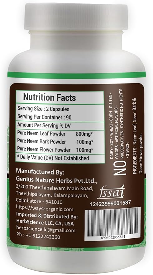 Neem Triple Complex - High-Potency Azadirachta Indica Capsules, Neem Leaves, Bark, Flowers in Ratio (80:10:10) - 180 Capsules, 90 Serving, 1000 Mg per Serving. Pack of 2.