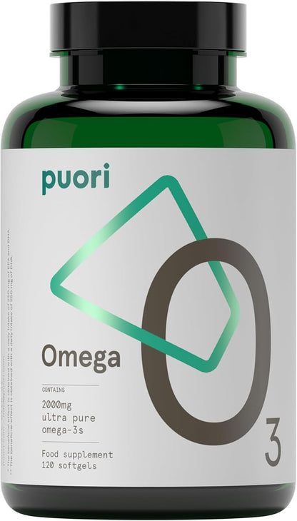 Puori Omega 3 Fish Oil - Ultra Pure 2000mg - 120 Softgels - Heart, Brain and Eye Health Supplement - Burpless, IFOS Certified, Non-GMO Capsules - O3 - 2000mg EPA 1250mg DHA 500mg