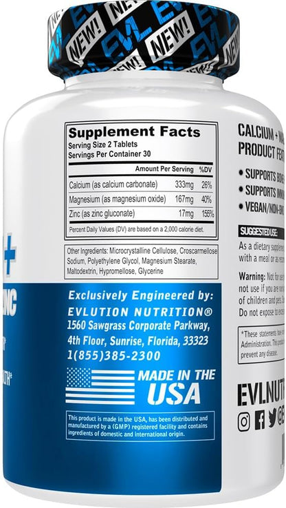 Evlution Nutrition Calcium + Magnesium + Zinc - Bone + Muscle Health Support - Immune + Sleep Supplement - Vegan + Non-GMO - 30 Servings