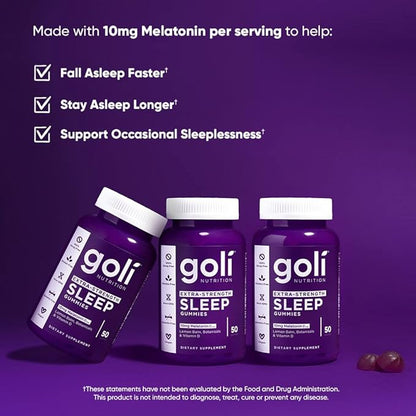 Goli Nutritional Supplement, Extra Strength Sleep Gummy 10mg Melatonin - 250 Count - Gluten-Free, Vegan, Non-GMO, and Gelatin-Free